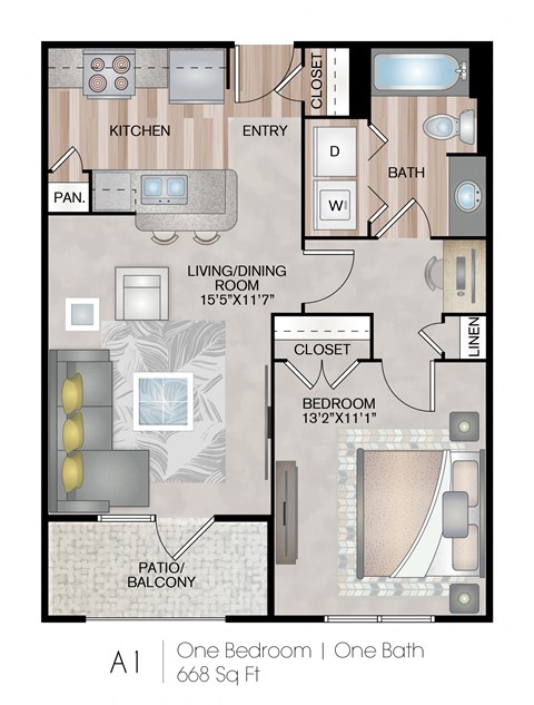 Floor plan for 1 bed, 1 bath, 668 sqft